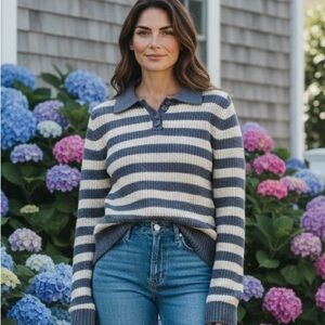 American Eagle Navy & Cream Striped Henley Sweater | Preppy Coastal